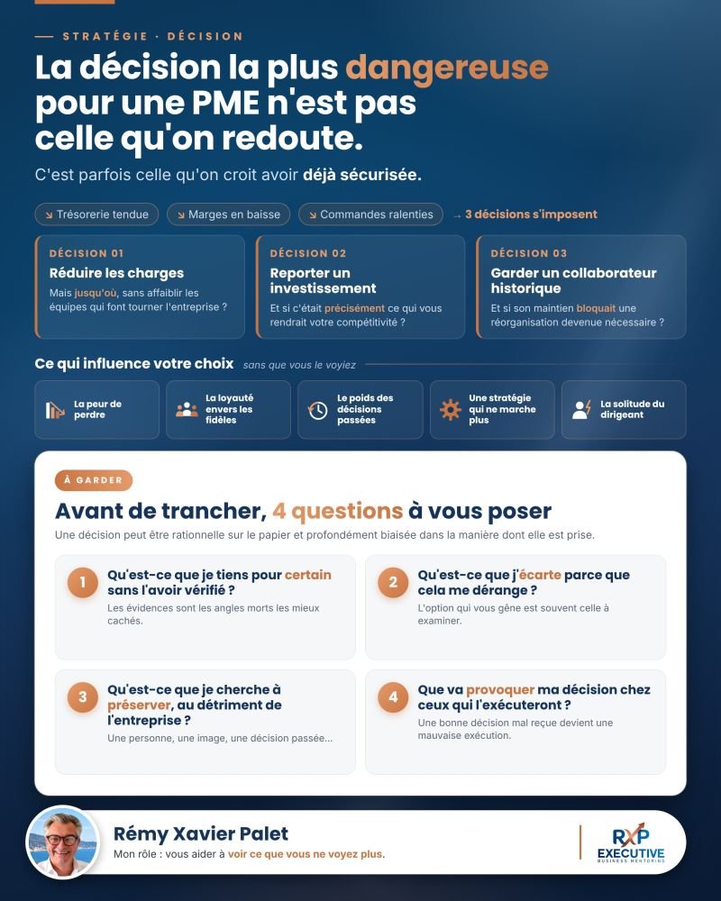 Infographie : la décision la plus dangereuse pour une PME — trois décisions, cinq influences cachées et quatre questions à se poser avant de trancher