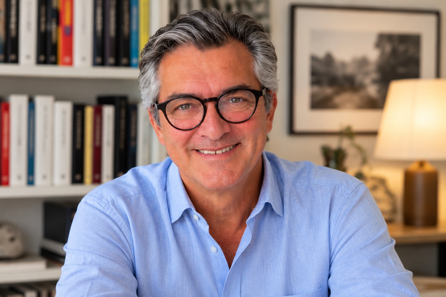 Portrait de Rémy Xavier Palet, chemise bleue, devant une bibliothèque